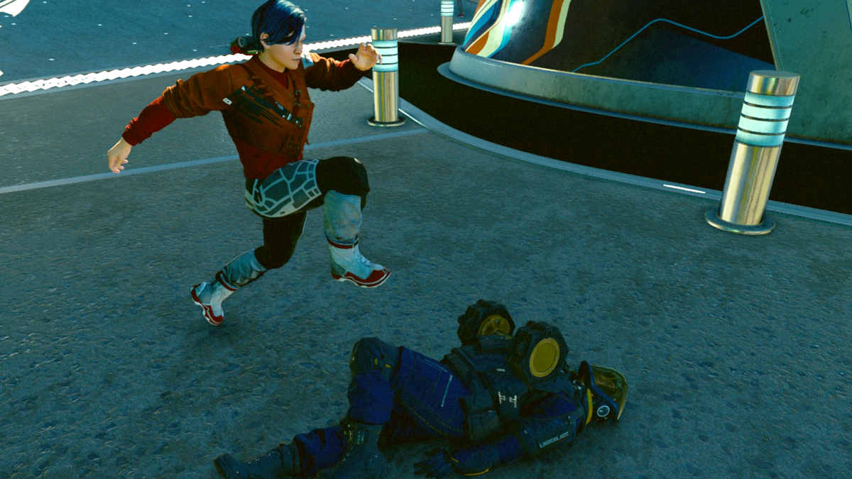 My Starfield character jumps off the top rope to dunk on a UC Security Officer, who is pinned down by a dumbbell.