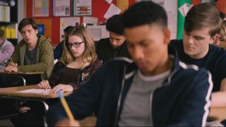 Nick Robinson looking at Keiynan Lonsdale in Love , Simon
