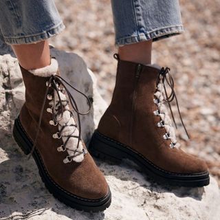 Tan Suede Hiking Boots on model 