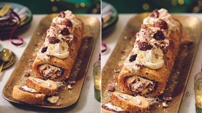 A chocolate and hazelnut roulade on a gold platter