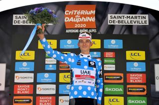 SAINT MARTIN DE BELLEVILLE FRANCE AUGUST 14 Podium Davide Formolo of Italy and Team UAE Team Emirates Polka Dot Mountain Jersey Celebration Flowers during the 72nd Criterium du Dauphine 2020 Stage 3 a 157km stage from Corenc to Saint Martin de Belleville 1419m dauphine Dauphin on August 14 2020 in Saint Martin de Belleville France Photo by Justin SetterfieldGetty Images