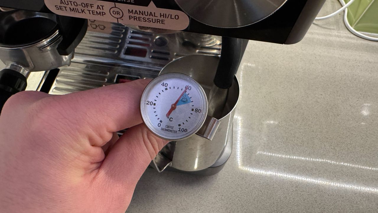 A milk thermometer being used in some milk
