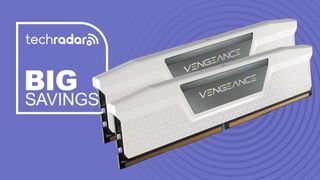 Two Corsair Vengeance white RAM modules on a purple background next to a white TechRadar badge in the upper left that reads 'Big Savings'