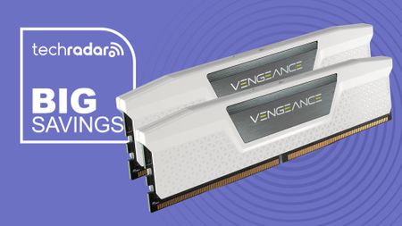 Two Corsair Vengeance white RAM modules on a purple background next to a white TechRadar badge in the upper left that reads 'Big Savings'