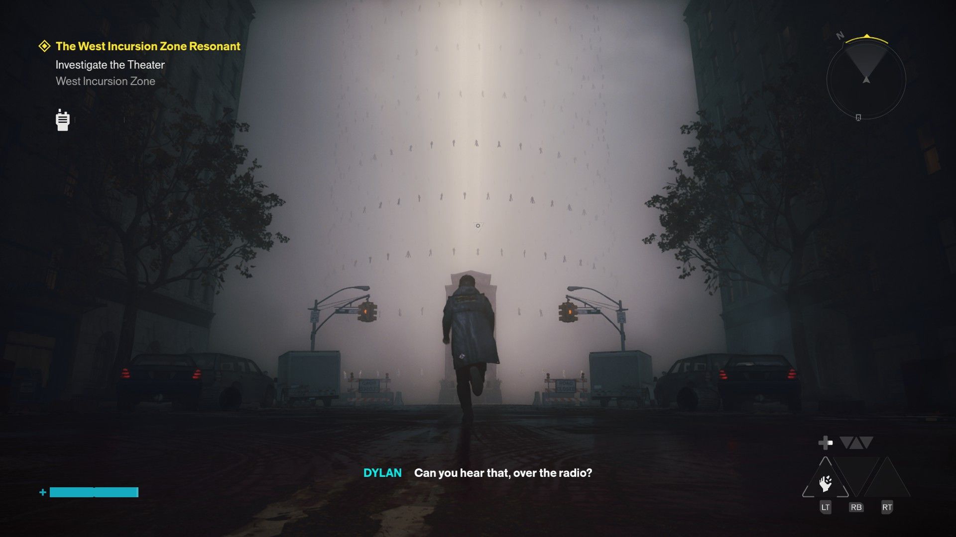 Dylan approaches a pillar of light surrounded by ringed floating figures in Control Resonant.