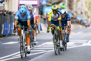Biniam Girmay crossing the line for 12th place on his Milan-San Remo debut in 2022