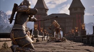 Trailer screenshot of a player firing at a Goblin in The Elder Scrolls 4: Oblivion Remastered. 