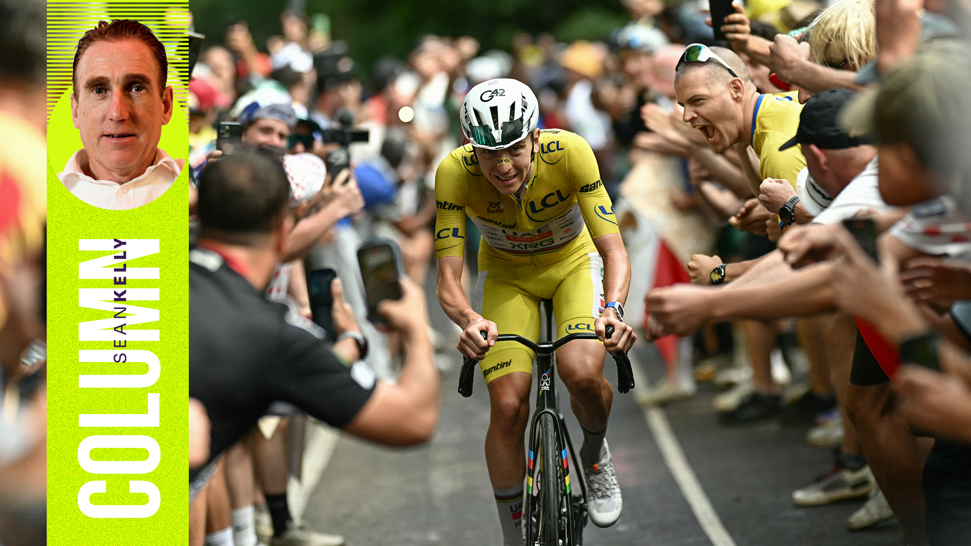 Tadej Pogacar in the yellow jersey on the 14th stage of the Tour de France. Left: Sean Kelly's profile picture with 'column' wording (Photo by Loic VENANCE / AFP via Getty Images)