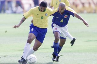 Vampeta on the ball for Brazil against Colombia in a World Cup qualifier in 2000.
