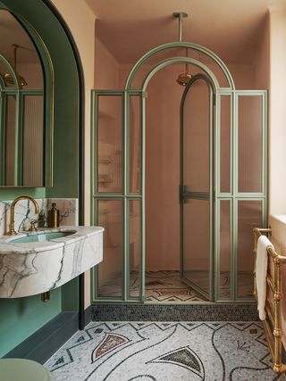 shower room with green arched door