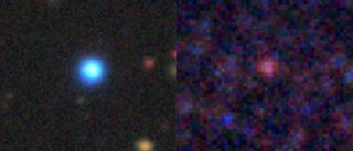 Left: An optical blue quasar like this should not have infrared emission. Right: However, the same galaxy in the far-infrared reveals a surprising amount of dust.