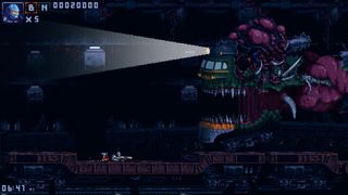 The Iron Meat player character lays prone while a mutated train with a large, fanged maw enters from the right side of the screen.