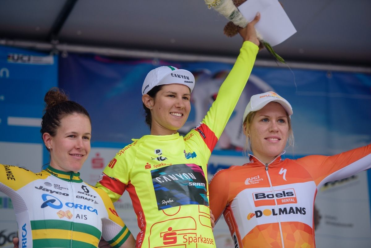 The final podium: Amanda Spratt, Elena Cecchini and Ellen Van Dijk