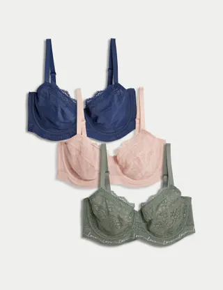 M&S Collection, 3pk Lace & Mesh Wired Balcony Bras A-E