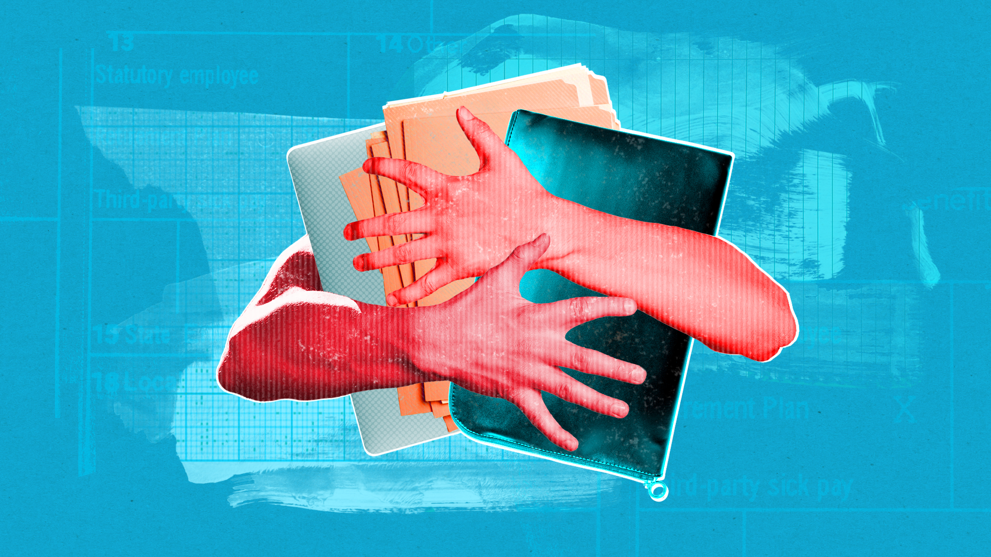 A pair of arms wrapped around work materials like folders and a laptop, on a blue backdrop 