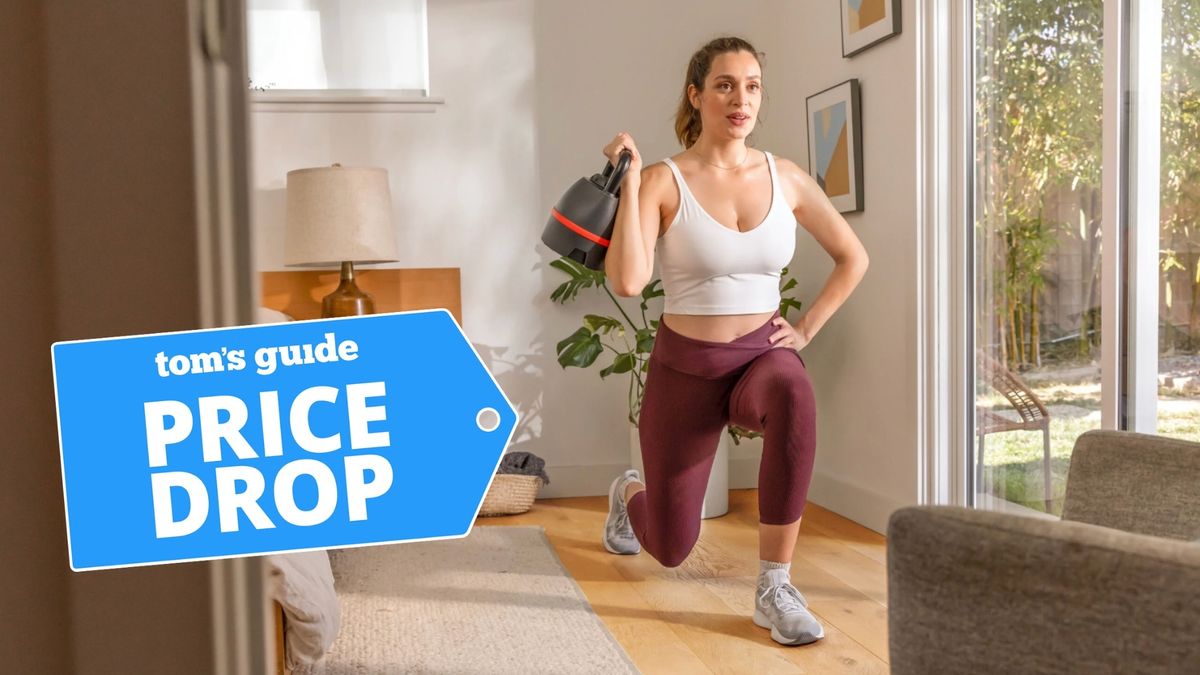 Photo of woman doing a kettlebell lunge with the Bowflex SelectTech 840 Kettlebell and the Tom&#039; Guide price drop stamp at the side