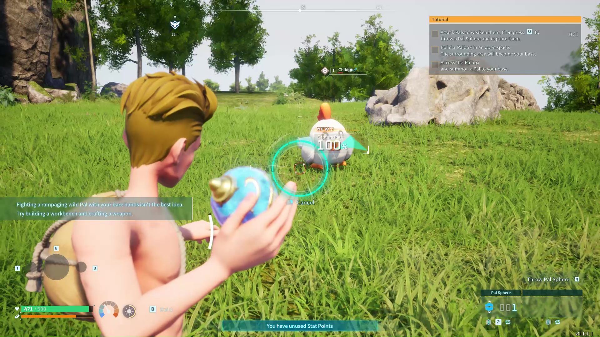 A blonde haired male character prepares to throw a Pal Sphere to catch a Pal in Palworld.