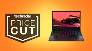 Lenovo IdeaPad 3 gaming laptop on orange background with price cut text overlay