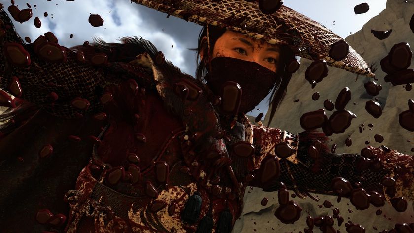 A closeup on Atsu&#039;s face as blood splatters as Atsu slays an enemy in Ghost of Yotei with Takashi Miike mode on