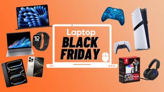 Black Friday deals badge surrouned by laptops, tablet, phone, game controllers, and game consoles 