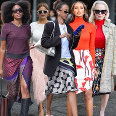 collage of New York Fashion Week guests and celebrities wearing the statement skirt trend