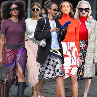 collage of New York Fashion Week guests and celebrities wearing the statement skirt trend