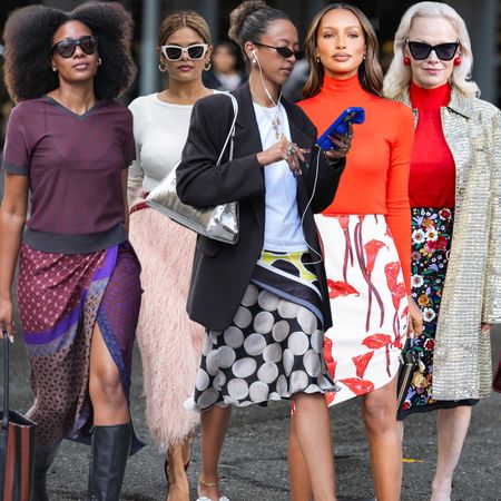 collage of New York Fashion Week guests and celebrities wearing the statement skirt trend