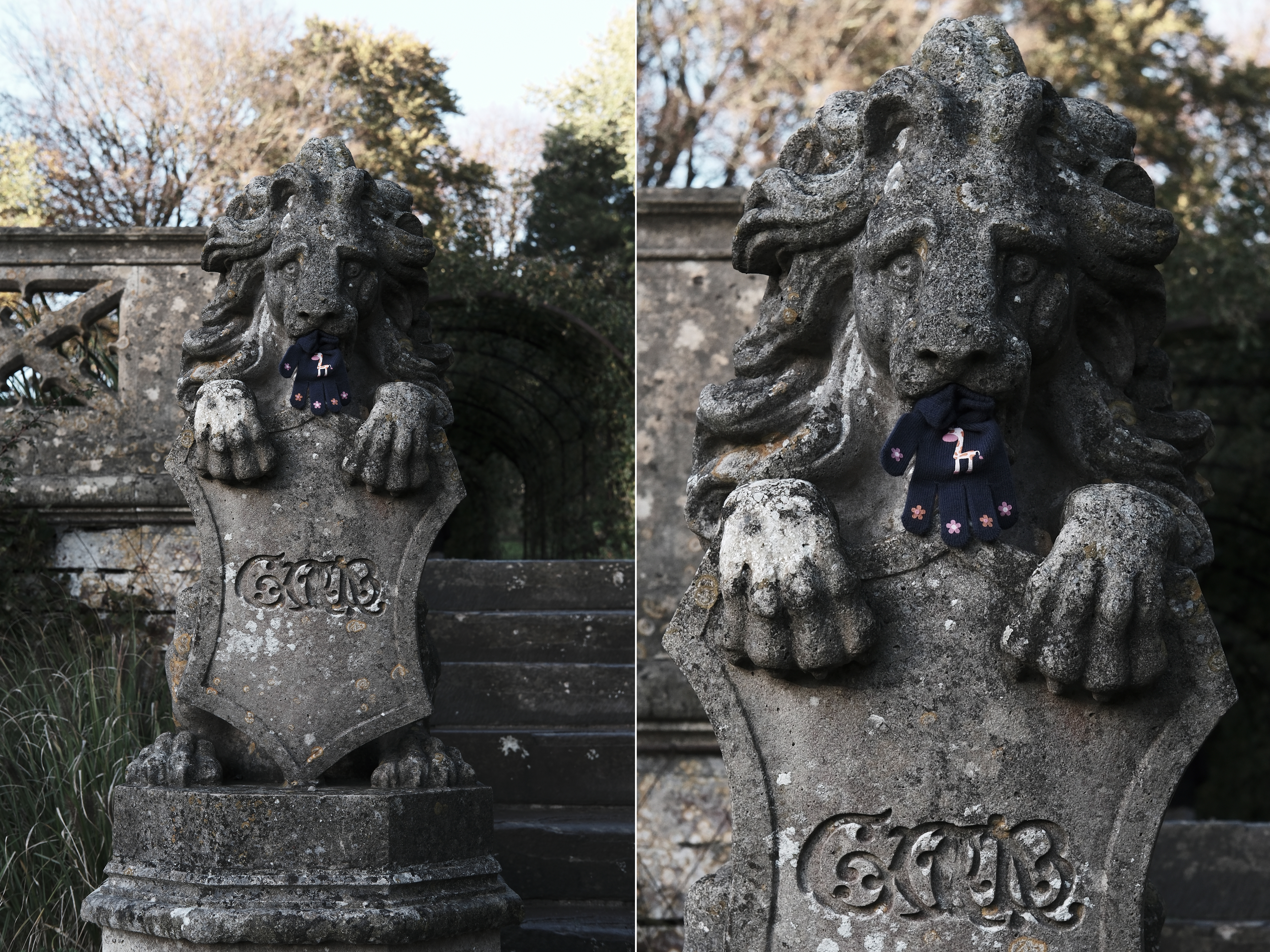 On the left, a photo of a stone lion sculpture with a child's glove in its mouth. On the right, the same image but cropped in significantly.