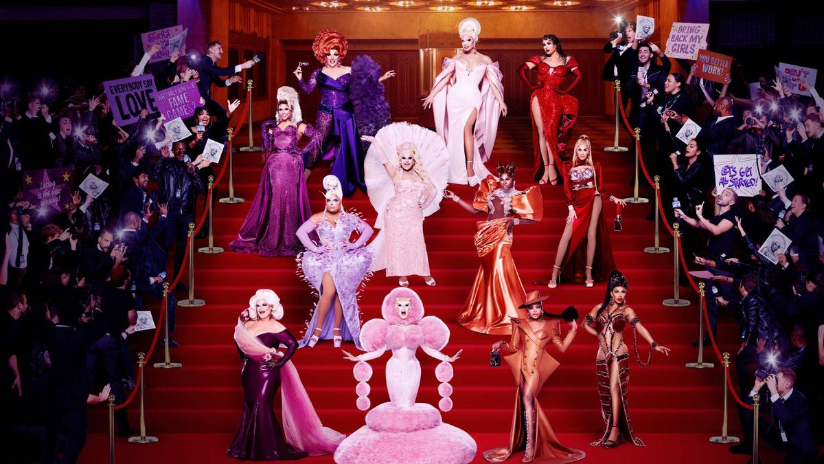 The cast of RuPaul&#039;s Drag Race All Stars season 8, posing on a red carpet-adorned staircase