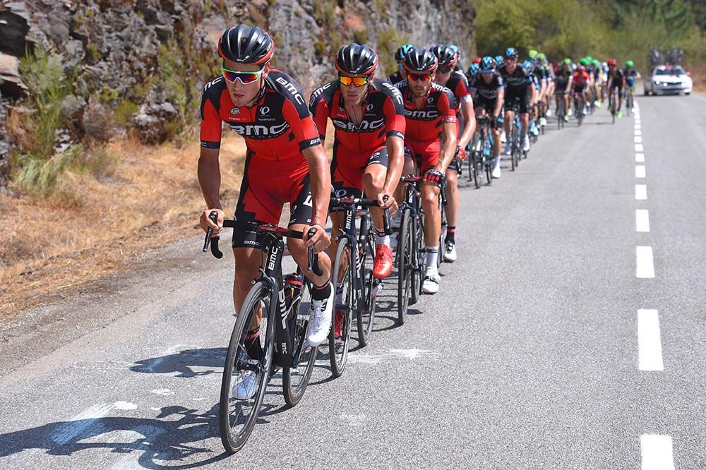 The BMC team lead the chase at the head of the peloton