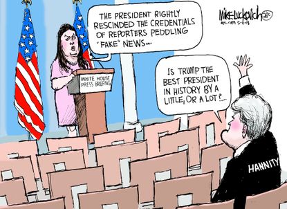 Political cartoon U.S. Trump press credentials Sean Hannity fake news Sarah Sanders