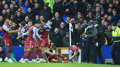 Aston Villa’s Matty Cash and Lucas Digne were struck by a bottle at Goodison Park