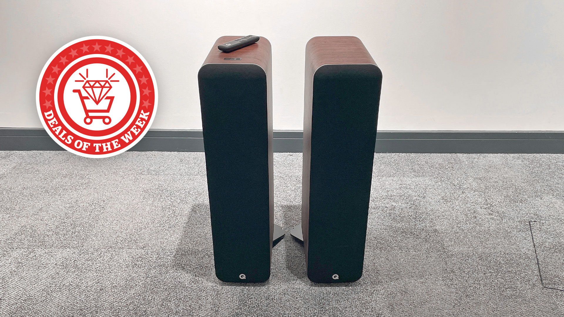 A picture of the Q Acoustics M40 with the Deals of the Week logo overlaid