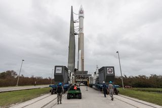 A United Launch Alliance Atlas V rocket moves to the launch pad carrying the classified NROL-52 spy satellite for the U.S. National Reconnaissance Office ahead of a planned launch from Florida's Cape Canaveral Air Force Station on Oct. 5, 2017.