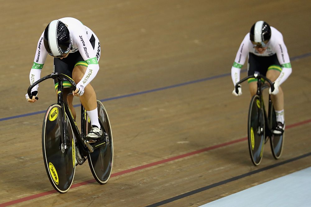 Courtney Field of Australia leads team mate Holly Takos in the Women's Team Sprint