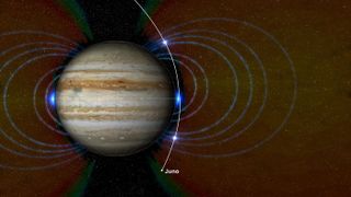 Juno detected a new radiation zone just above the atmosphere near Jupiter's equator. The diagram also indicates regions of high-energy, heavy ions at high latitudes.