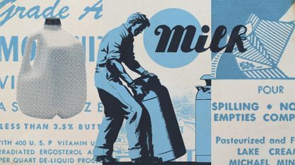 Illustrative collage of vintage milk labels, a milk jug, and a vintage style illustration of a diary worker with a canister of milk.