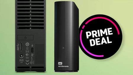 WD Elements Desktop 14TB Hard Drive on a green gradient background with 'Prime Deal' roundel 