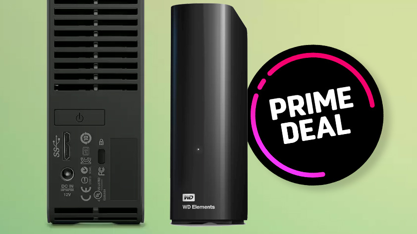 WD Elements Desktop 14TB Hard Drive on a green gradient background with &#039;Prime Deal&#039; roundel 