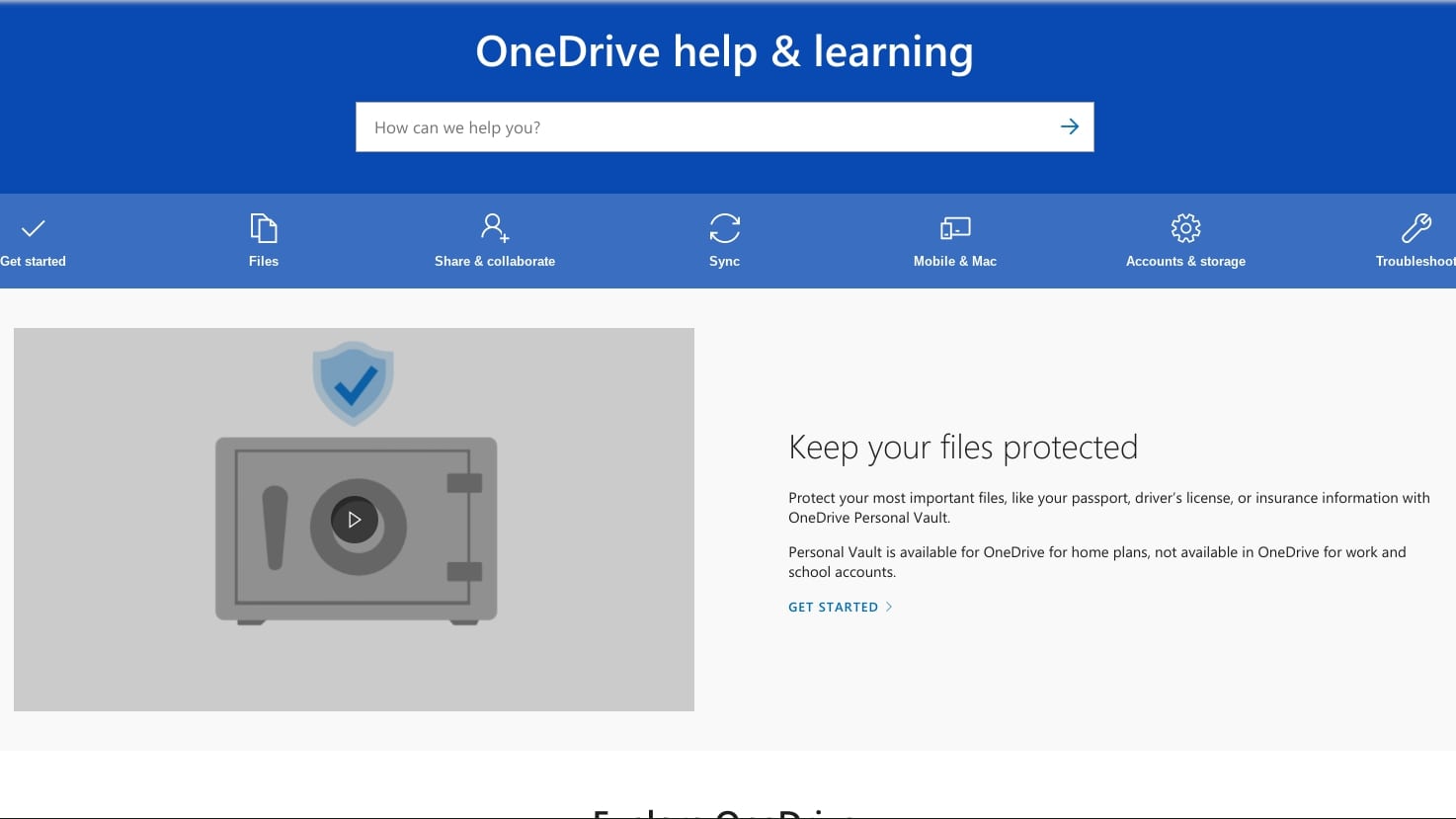 OneDrive's support webpage
