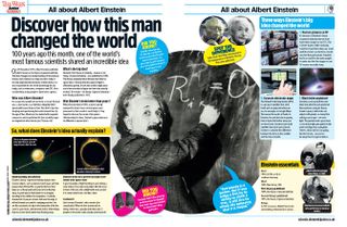 Magazine spread with an image of Albert Einstein