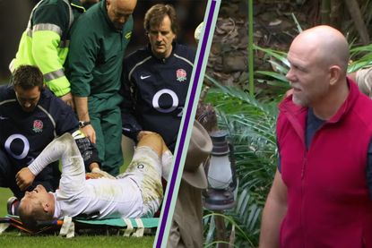 Mike Tindall injured during 2008 rugby match split layout with Mike in I'm A Celebrity