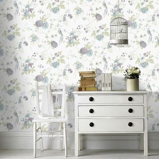 Exotica Glitter Wallpaper in Duck Egg and Lilac with an oriental-inspired floral pattern