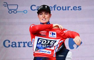 LAGUNAS DE NEILA SPAIN MAY 08 Demi Vollering of Netherlands and Team FDJ SUEZ celebrates at podium as Red Leader Jersey winner during the 11th La Vuelta Femenina 2025 Stage 5 a 1204km stage from Golmayo to Lagunas de Neila 1867m UCIWT on May 08 2025 in Lagunas de Neila Spain Photo by Szymon GruchalskiGetty Images