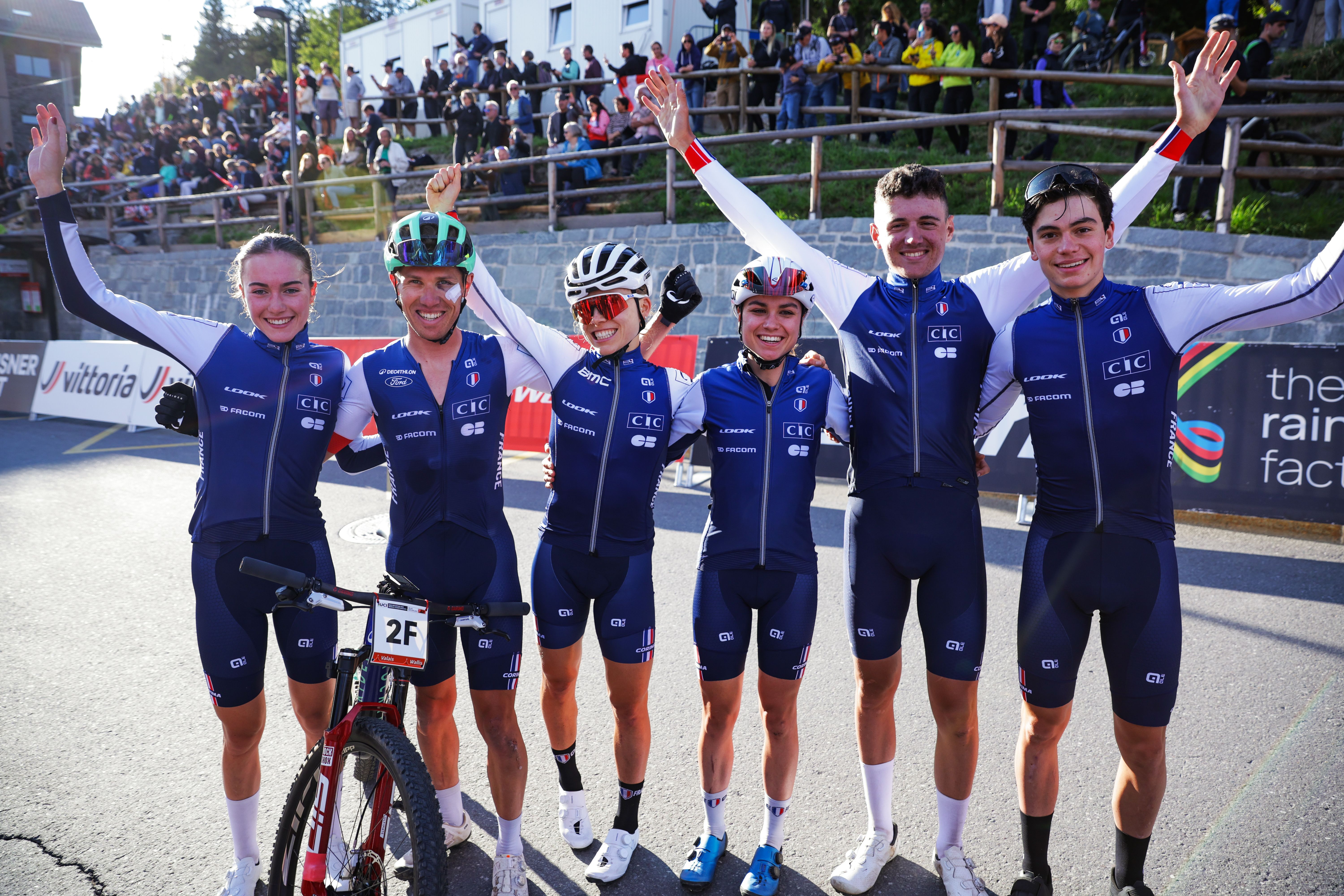 2025 UCI Mountain Bike World Championships - 11 Sep 2025Cycling - 2025 UCI Mountain Bike World Championships - Cross-country Mixed Team Relay - Crans Montana, Valais, Switzerland - Mixed Team Relay - Adrien Boichis, Lucas Teste, Loana Lecomte, Olivia Onesti, Lise Revol, Joshua Dubau (France) celebrates winning the Cross-country Mixed Team Relay World ChampionshipBy: Ed Sykes/SWpix.com/Shutterstock