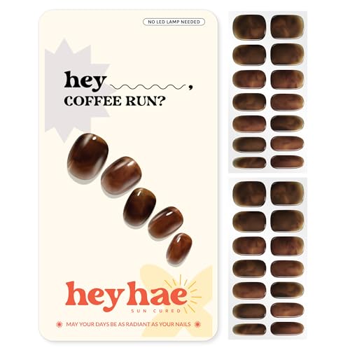 Heyhae Semi Cured Gel Nail Strips | No Led Lamp Needed | Marble, Brown | Easy Apply & Remove, Salon Quality | Includes 28 Strips, 1 Prep Pads, Nail File & Wooden Stick - Hey, Coffee Run?