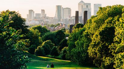 Two people sit in a tree lined park in front of a city skyline