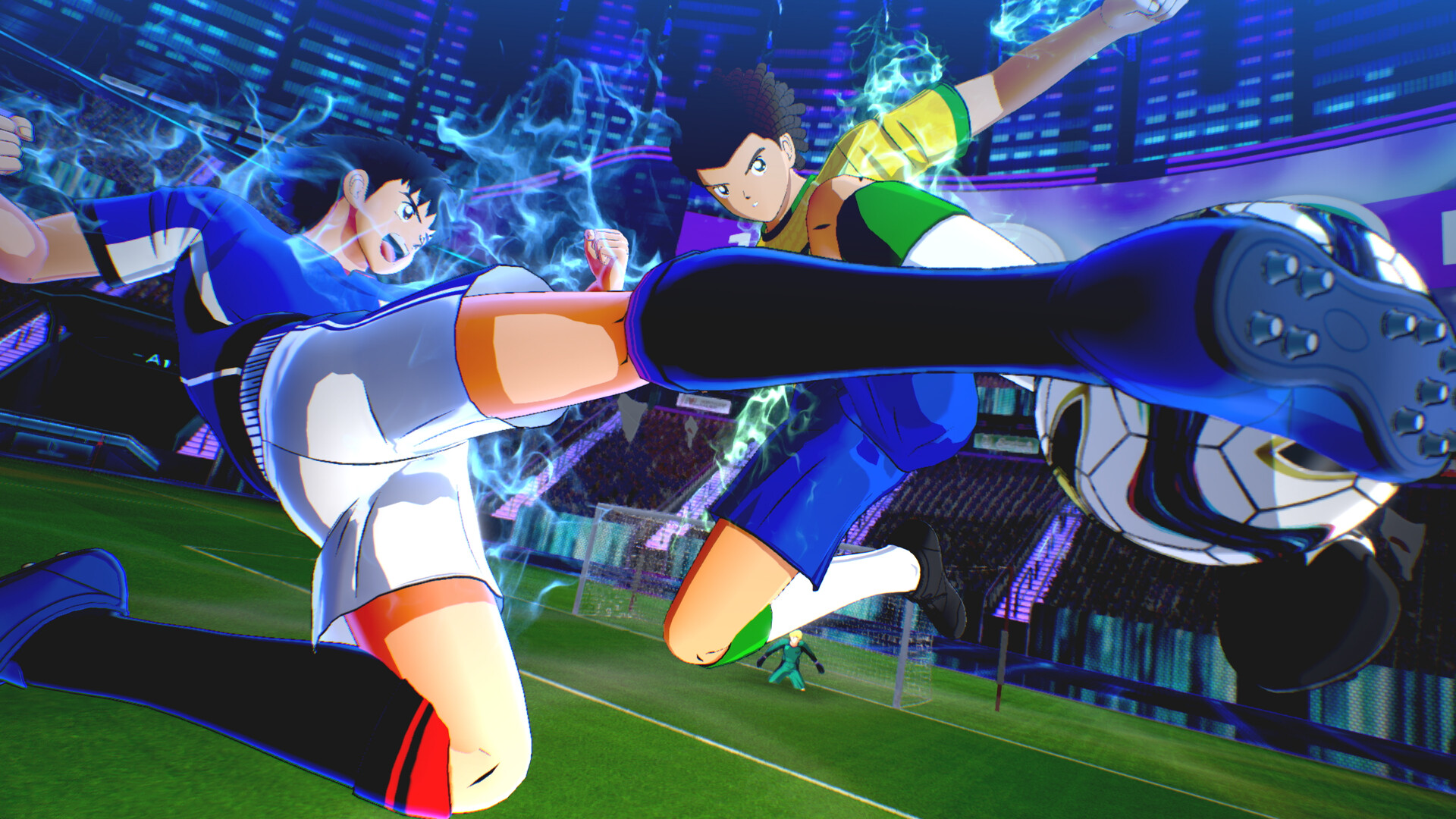 Two soccer players tackle for the ball in sports action game, Captain Tsubasa 2: World Fighters