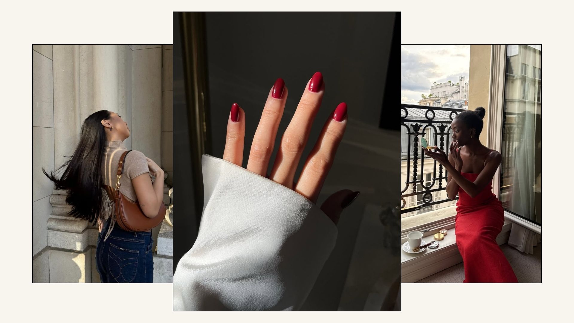 A collage of photographs featuring lifestyle fashion imagery and close-up shots of red nails, courtesy of @_livmadeline; @leatngu