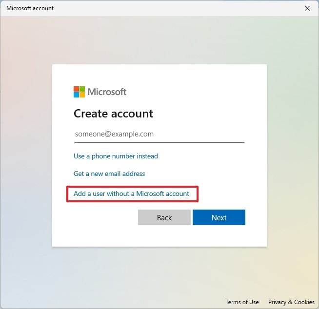 Add User Without Microsoft Account